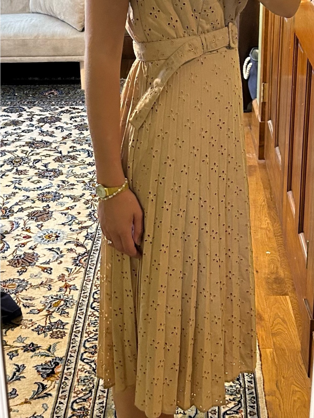 Ann Taylor Mustard Pleated Eyelet Midi Dress - Picture 2 of 10